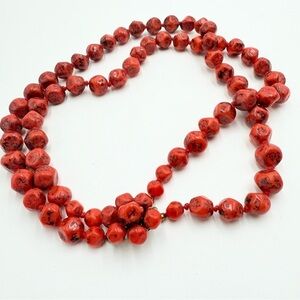 VINTAGE WEST GERMANY RED ART Howlite Red Turquoise Gemstone Two Strand Necklace